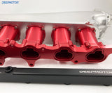 CNC 2JZ-GE Intake Manifold Fuel Rail 90mm Throttle Body 6 Injector Silver-Red