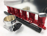 CNC 2JZ-GE Intake Manifold Fuel Rail 90mm Throttle Body 6 Injector Silver-Red